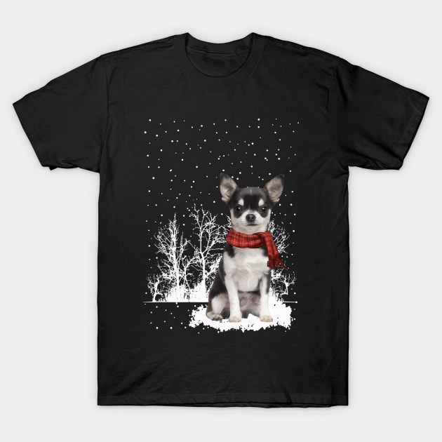 Christmas Chihuahua With Scarf In Winter Forest T-Shirt by Tagliarini Kristi